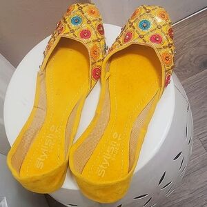 Handmade Leather Indian Yellow Embellished Flat Shoes With Mirror Work Size 10🌴